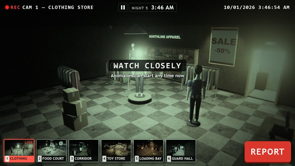 Night-five clothing-store view with camera thumbnails and the Report button