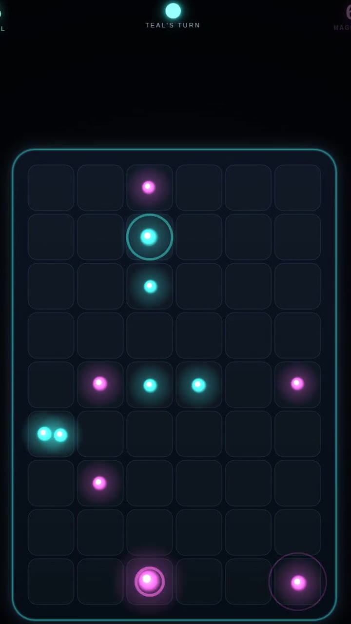 Bloom gameplay: Teal and magenta spores sharing the glowing territory board.