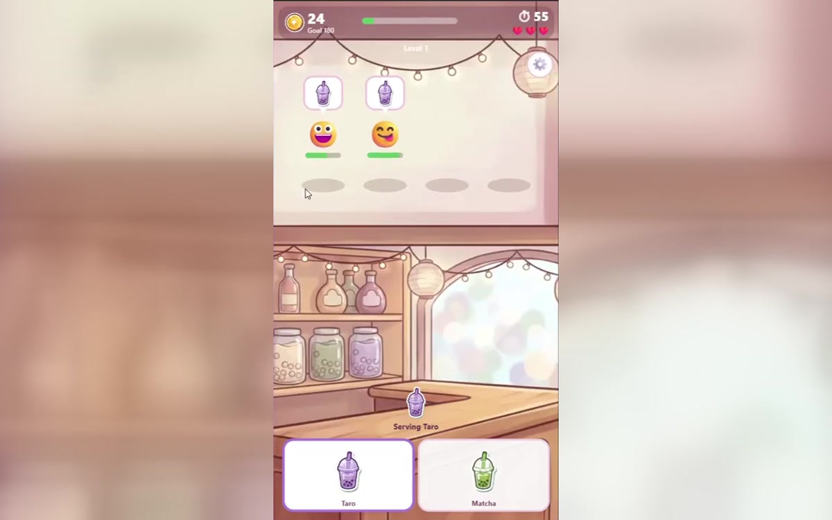 Boba Bloom order gameplay showing Taro requests, patience bars and flavour buttons