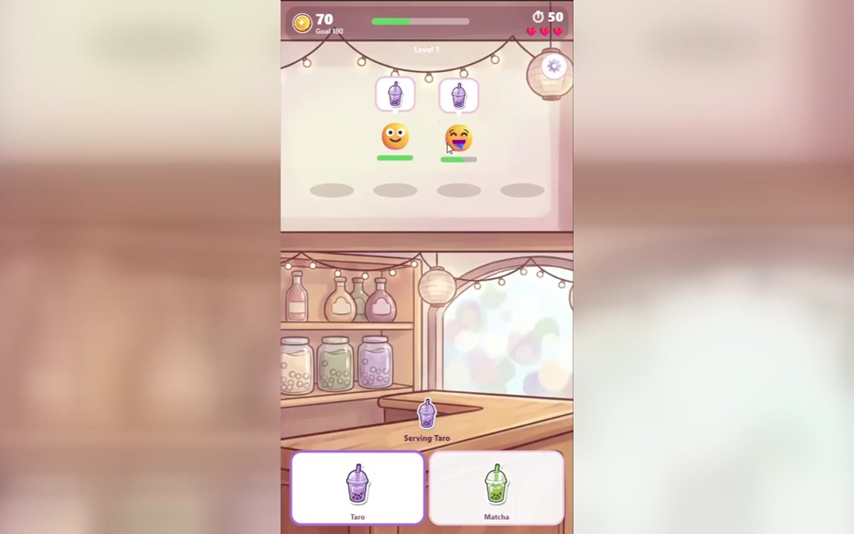 Boba Bloom shift with customers waiting, prepared Taro and the coin goal