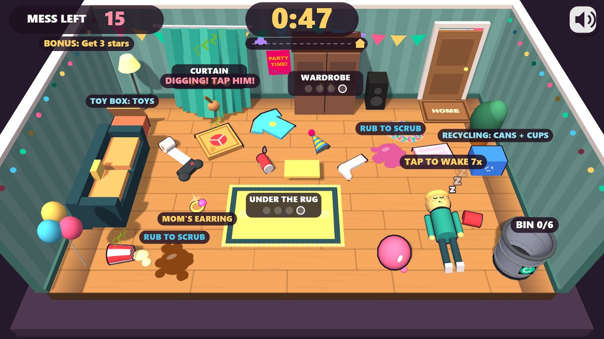 Cleanup gameplay with mess, hiding spots, recycling, a sleeping friend and a countdown