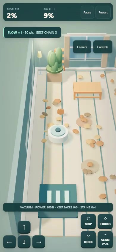 Cleaning robot collecting debris near furniture with two percent of the room cleaned