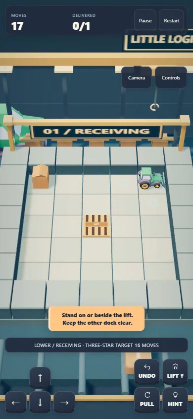 Crate near the left wall and forklift at the right of the receiving deck after seventeen moves