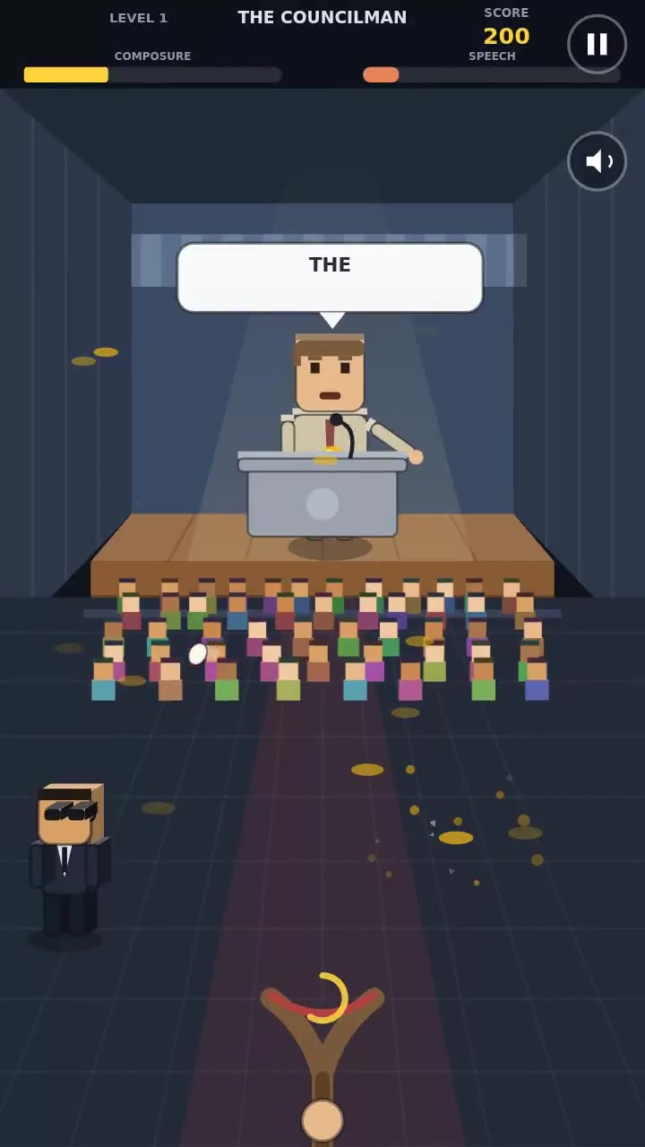 Eggsposed gameplay: An egg in flight while security approaches the stage.