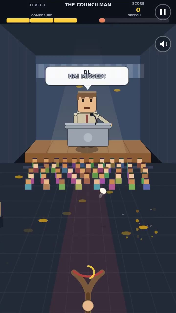 Eggsposed gameplay: Aiming eggs at the councilman during his speech.