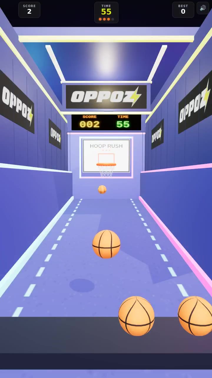 hoop rush gameplay: Basketballs returning along the arcade lane during a timed round.