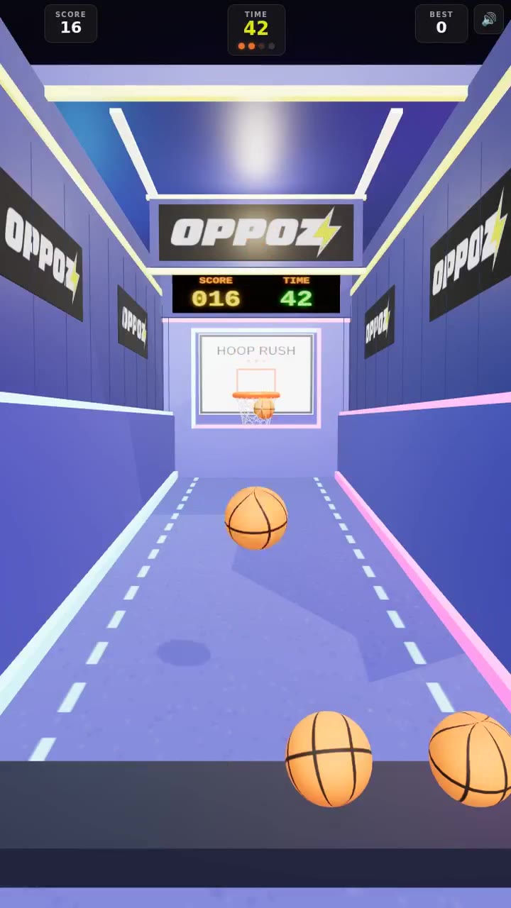 hoop rush gameplay: A ball reaches the hoop as the score climbs.