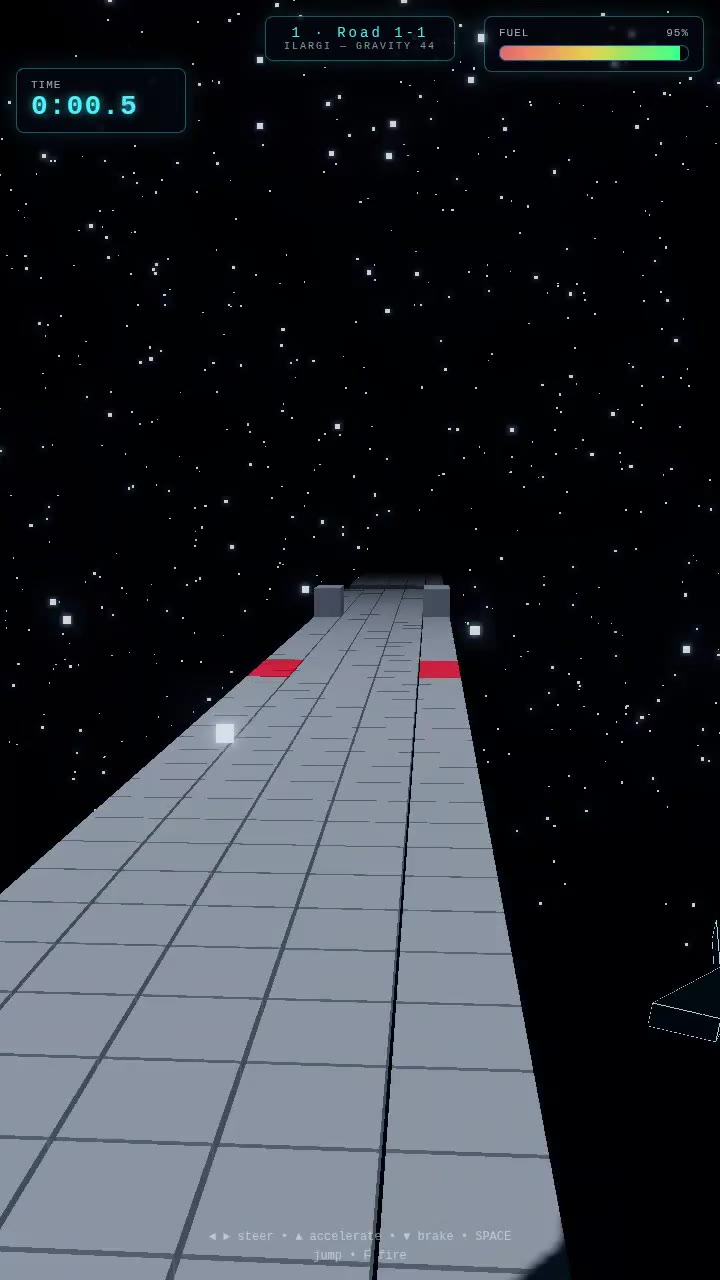 Lightning Edge gameplay with Road 1-1, fuel gauge and a narrow track in space