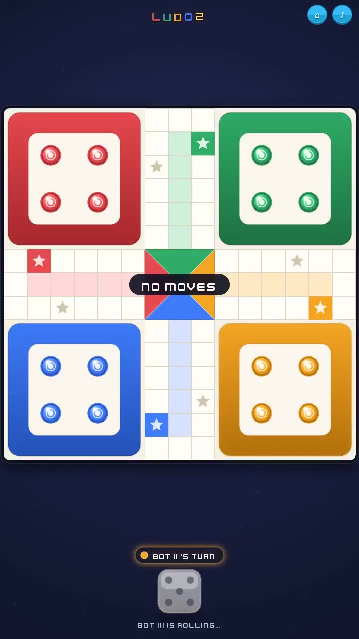 Ludoz bot turn showing a roll of five, coloured home yards and safe squares