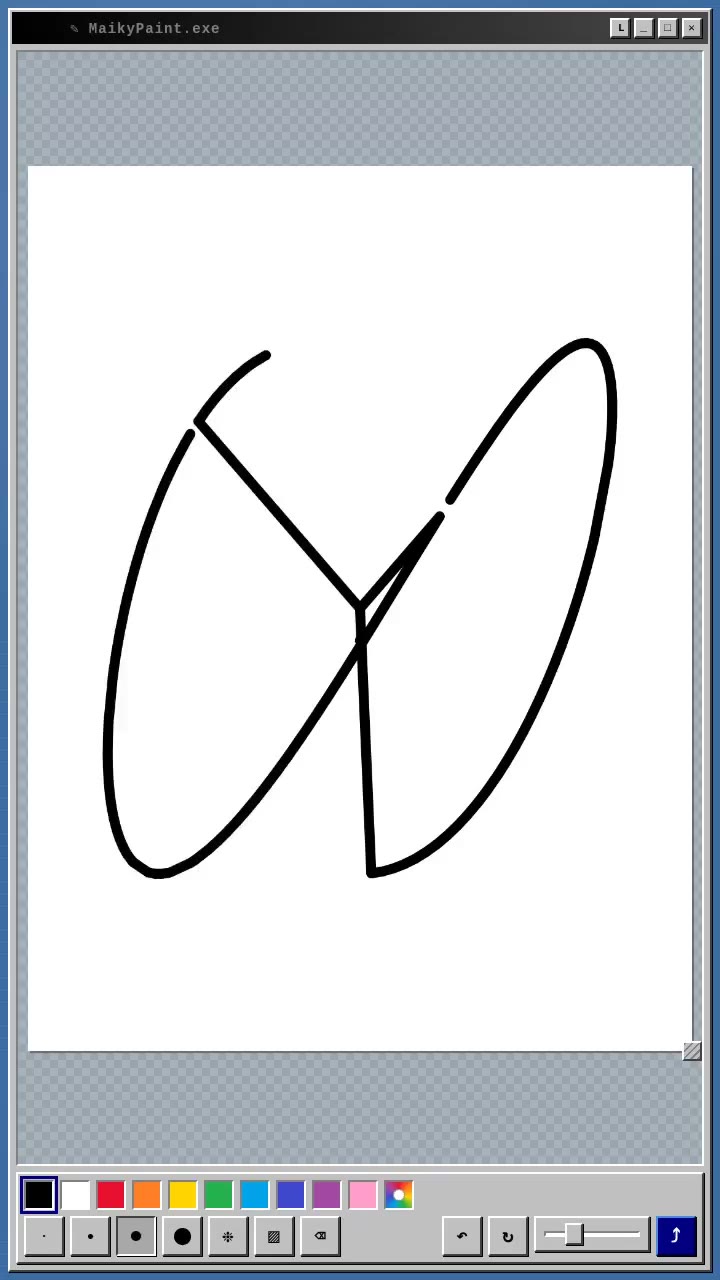 MaikyPaint drawing sandbox with the first black loops and its palette and brush tools