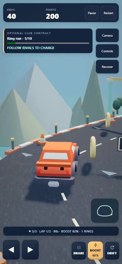 Orange car approaching a coastal bend at 200 points