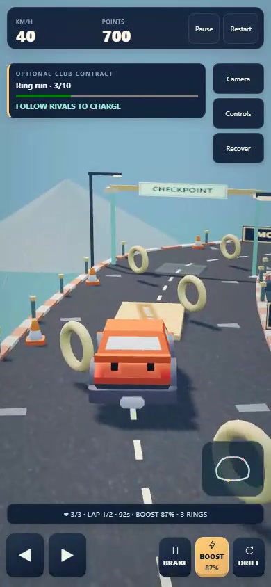 Orange car near a checkpoint with 700 points and three rings collected