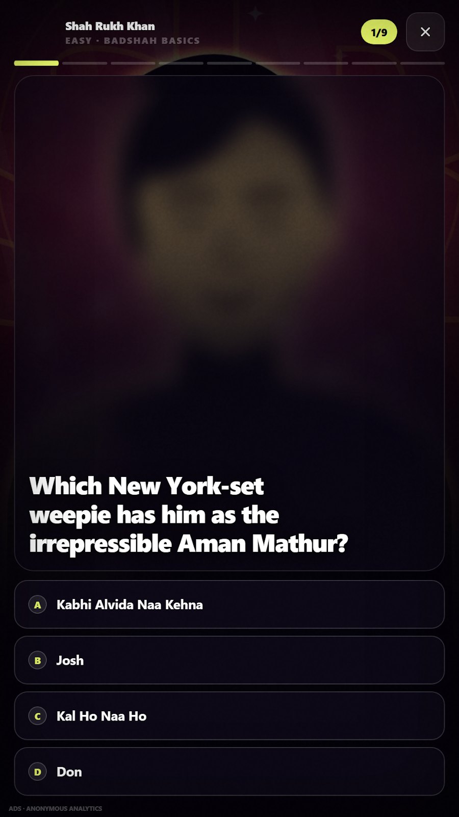 Starstruck question screen with four film-title answers in a Shah Rukh Khan round