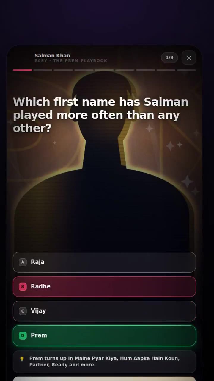 Starstruck Salman Khan round showing a selected answer, correct answer and explanatory fact