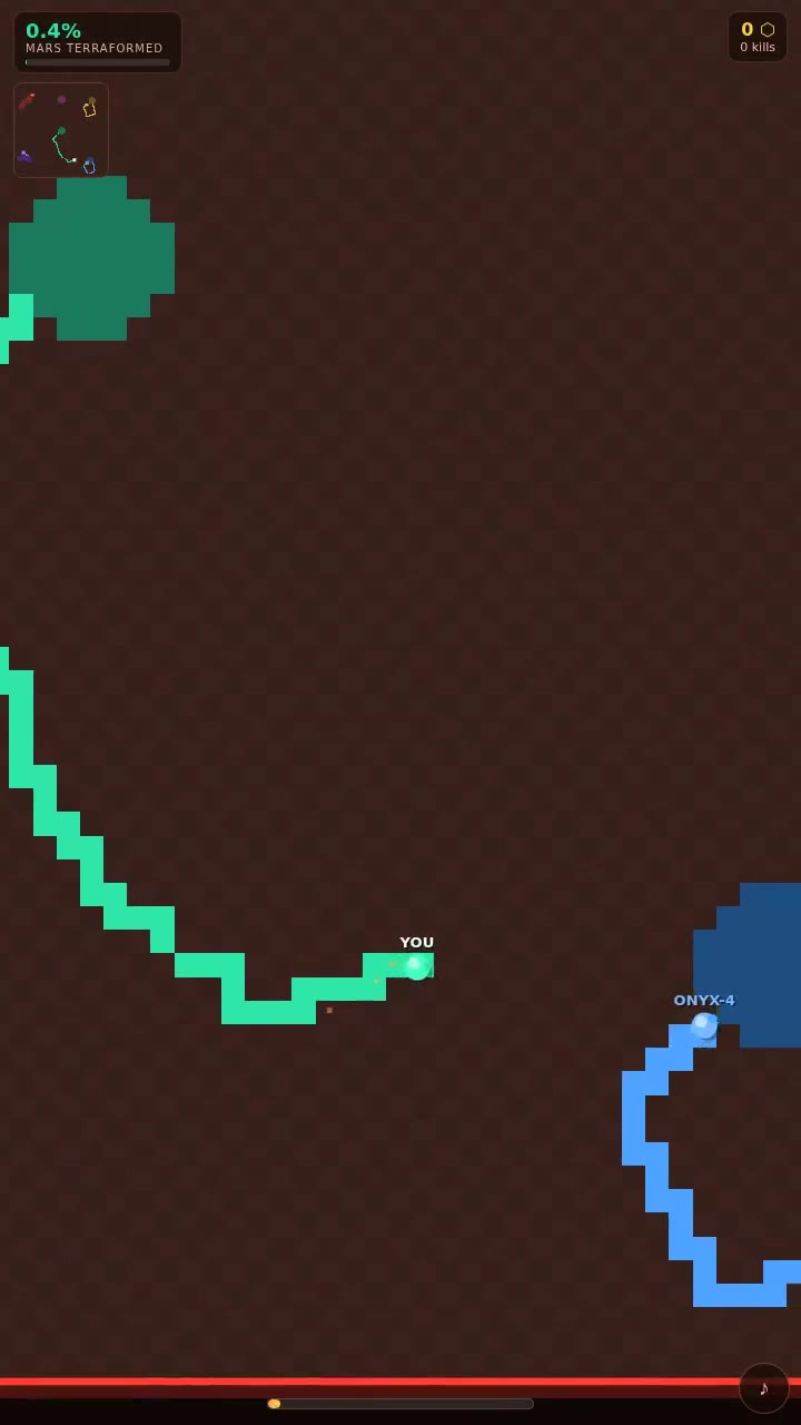 terra grab gameplay: The player and a rival rover drawing separate trails on Mars.