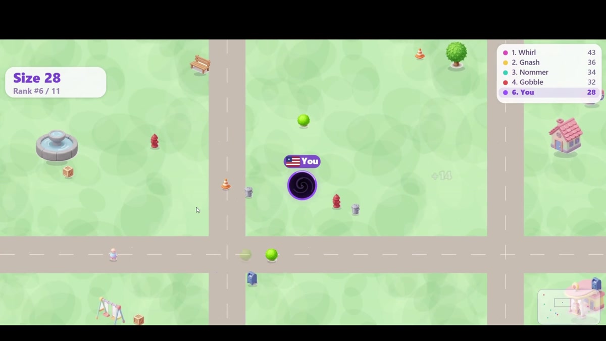 The World in a Hole player moving among town objects with size and rank shown