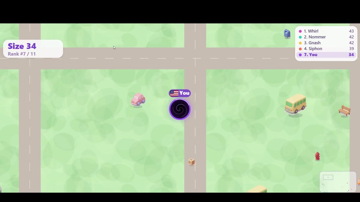 The World in a Hole larger player near a car and bus, with leaderboard and minimap